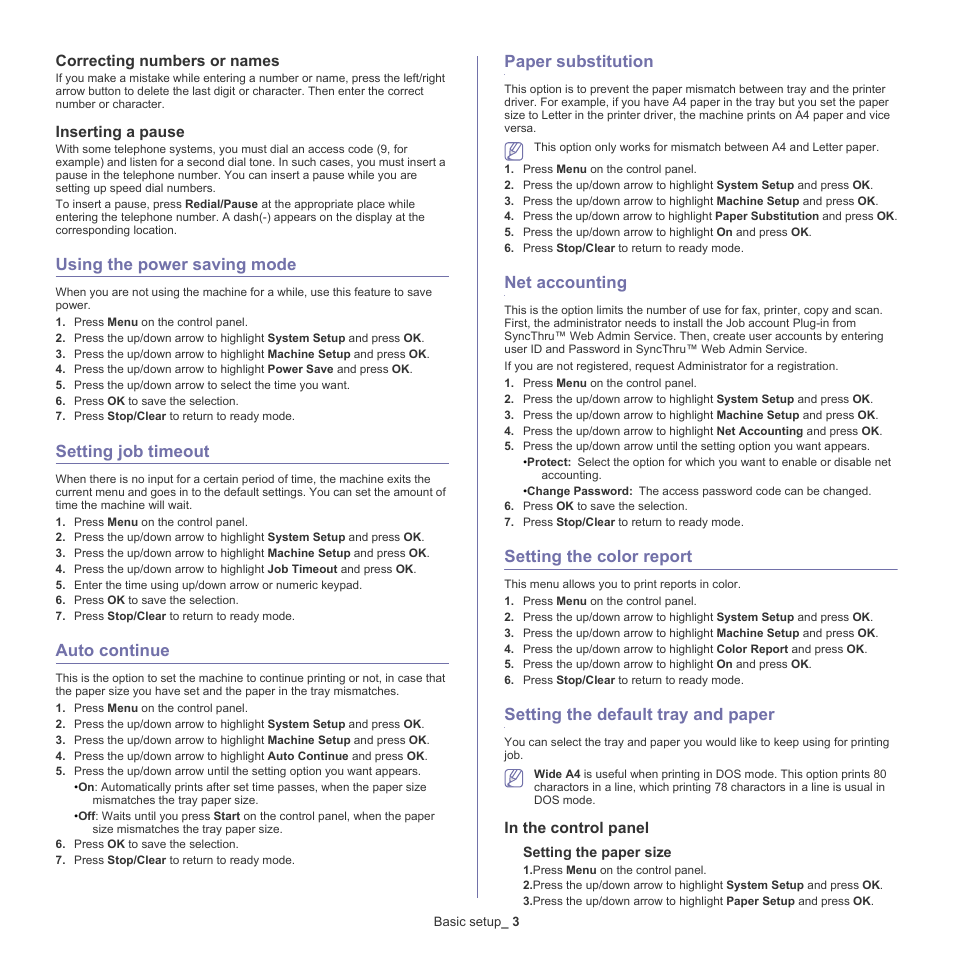 Using the power saving mode, Setting job timeout, Auto continue | Paper substitution, Net accounting, Setting the color report, Setting the default tray and paper | Samsung CLX-6220 User Manual | Page 41 / 155