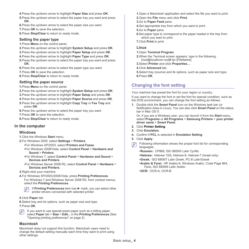 Changing the font setting | Samsung CLX-6220 User Manual | Page 42 / 155
