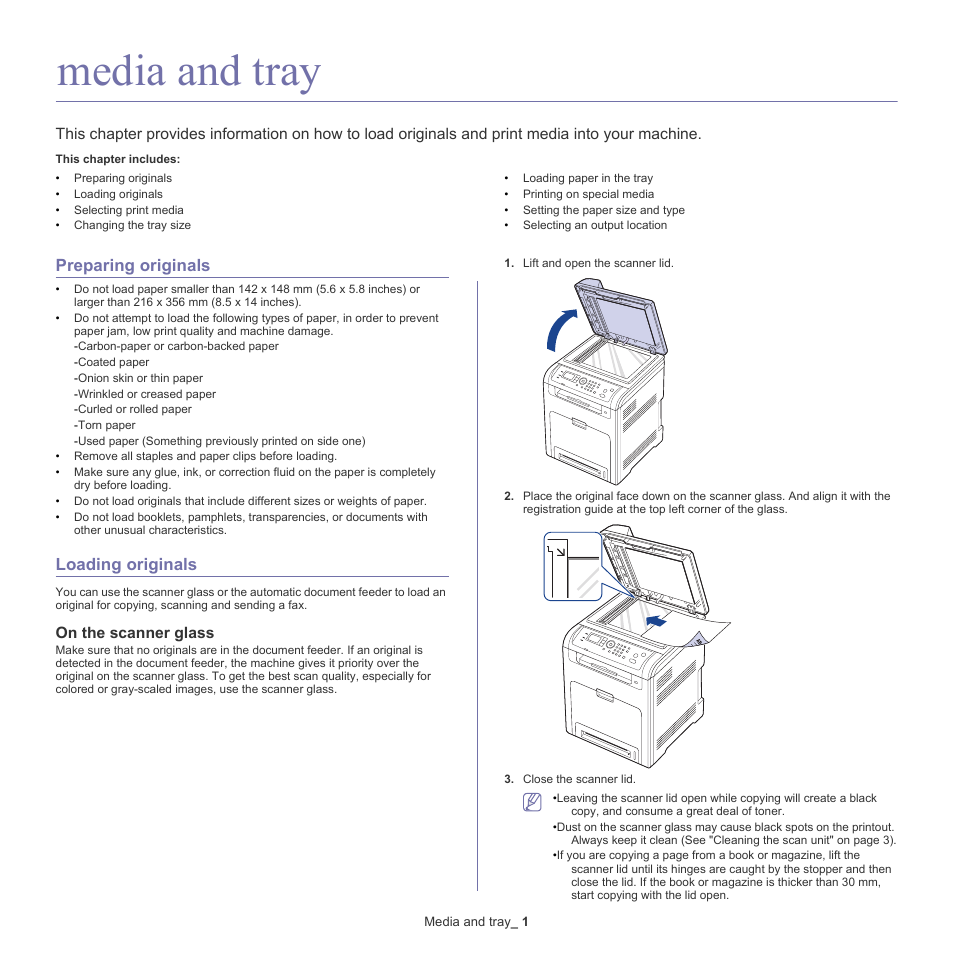 Media and tray, Preparing originals, Loading originals | On the scanner glass | Samsung CLX-6220 User Manual | Page 43 / 155