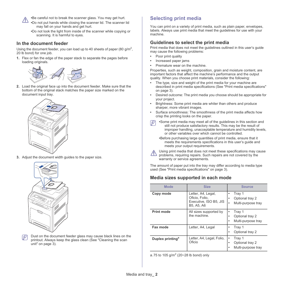 Selecting print media, Guidelines to select the print media, Media sizes supported in each mode | Samsung CLX-6220 User Manual | Page 44 / 155