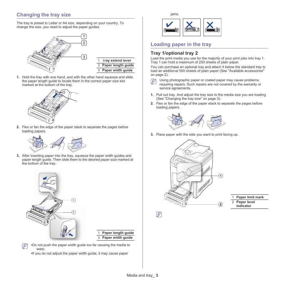 Changing the tray size, Loading paper in the tray, Tray 1/optional tray 2 | Samsung CLX-6220 User Manual | Page 45 / 155