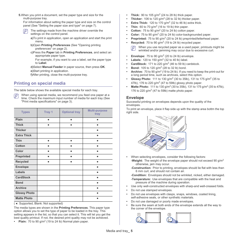 Printing on special media, Envelope | Samsung CLX-6220 User Manual | Page 47 / 155