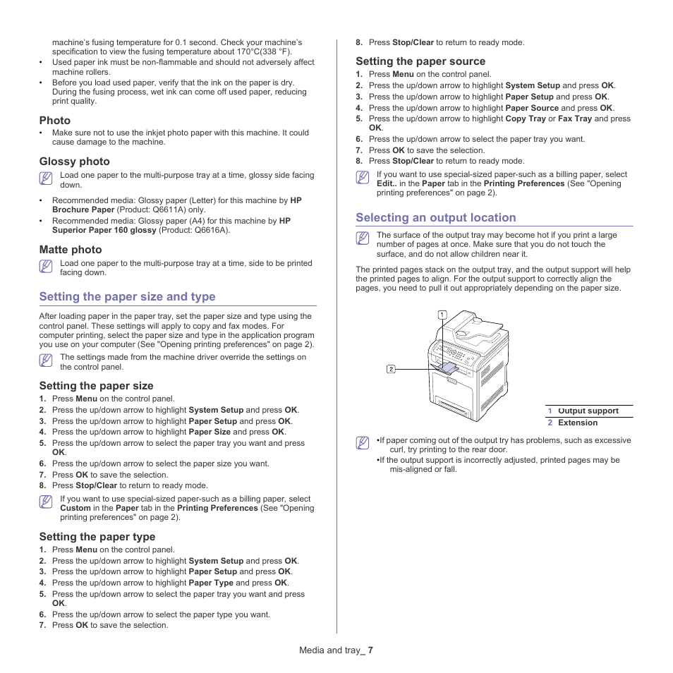 Setting the paper size and type, Selecting an output location, Photo | Glossy photo, Matte photo, Setting the paper size, Setting the paper type, Setting the paper source | Samsung CLX-6220 User Manual | Page 49 / 155