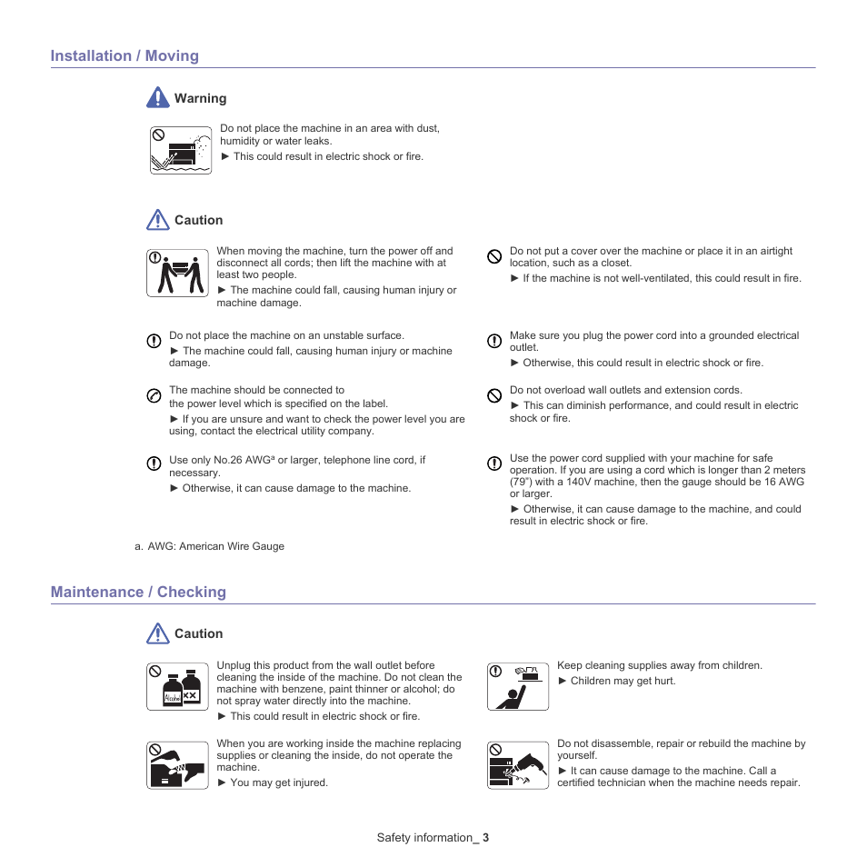 Installation / moving, Maintenance / checking | Samsung CLX-6220 User Manual | Page 5 / 155