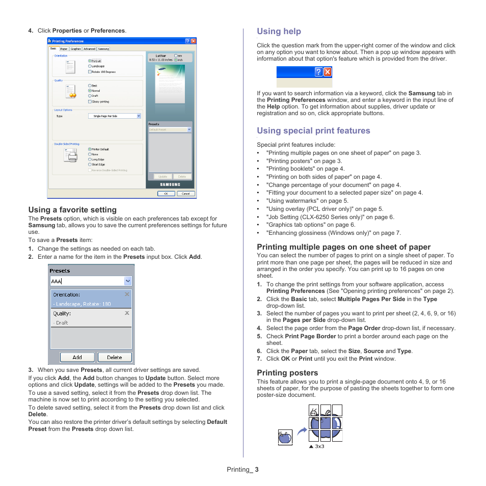 Using help, Using special print features, Using a favorite setting | Printing multiple pages on one sheet of paper, Printing posters | Samsung CLX-6220 User Manual | Page 53 / 155