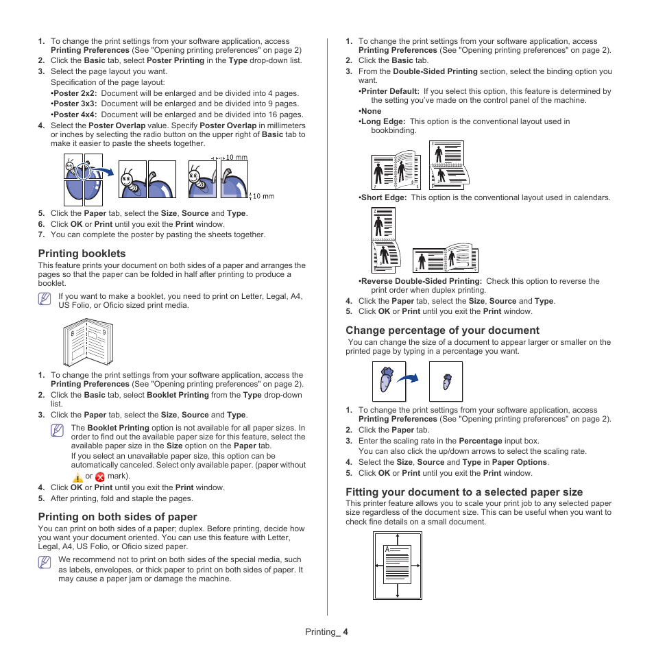 Ng) (see "printing on both sides of paper, Printing booklets, Printing on both sides of paper | Change percentage of your document, Fitting your document to a selected paper size | Samsung CLX-6220 User Manual | Page 54 / 155