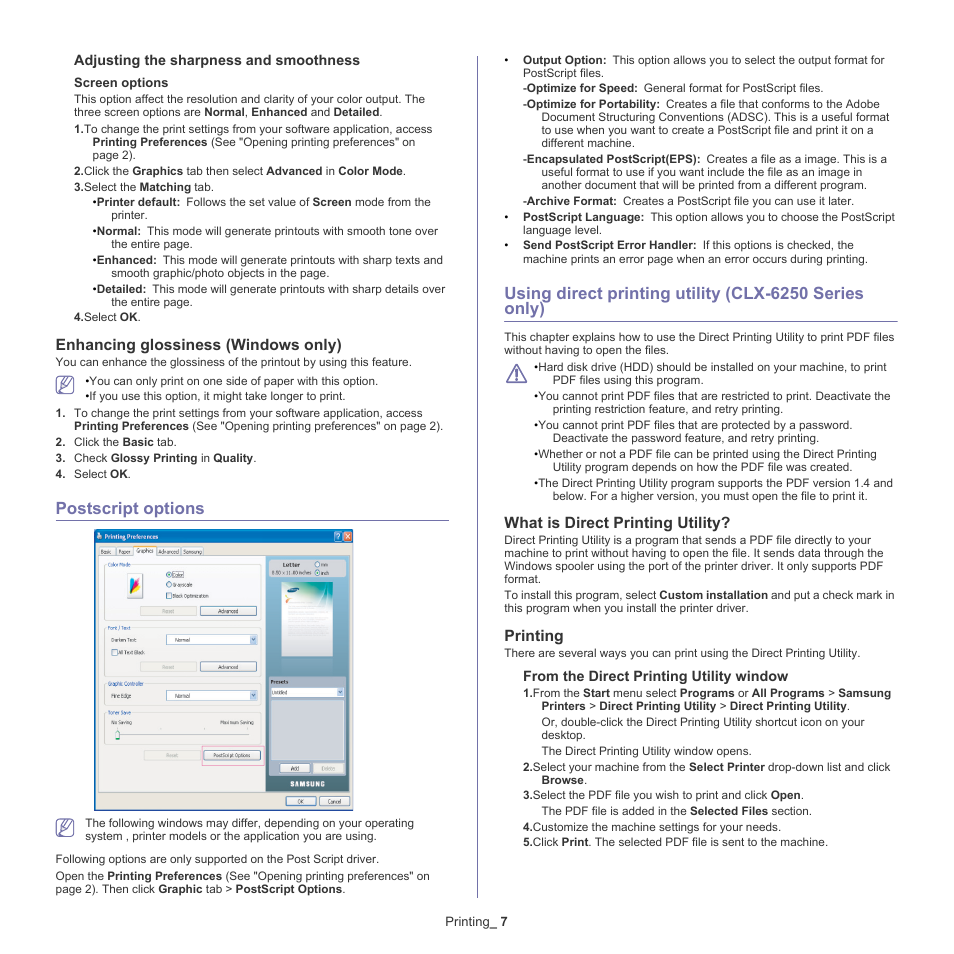 Postscript options, Enhancing glossiness (windows only), What is direct printing utility | Printing | Samsung CLX-6220 User Manual | Page 57 / 155