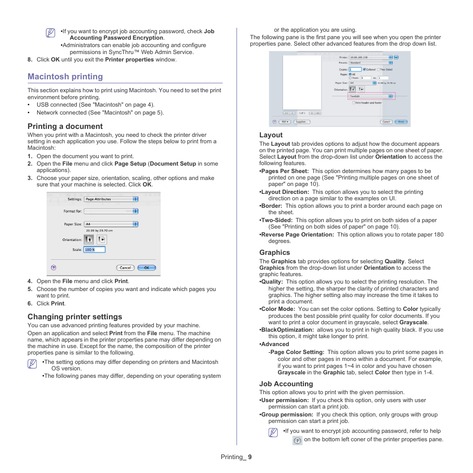 Macintosh printing, Printing a document, Changing printer settings | Samsung CLX-6220 User Manual | Page 59 / 155
