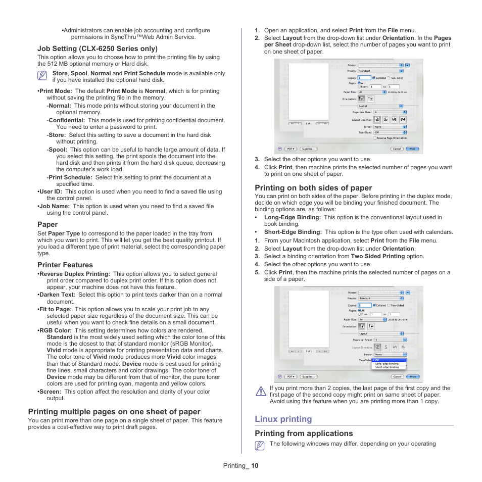 Linux printing, Printing multiple pages on one sheet of paper, Printing on both sides of paper | Printing from applications | Samsung CLX-6220 User Manual | Page 60 / 155