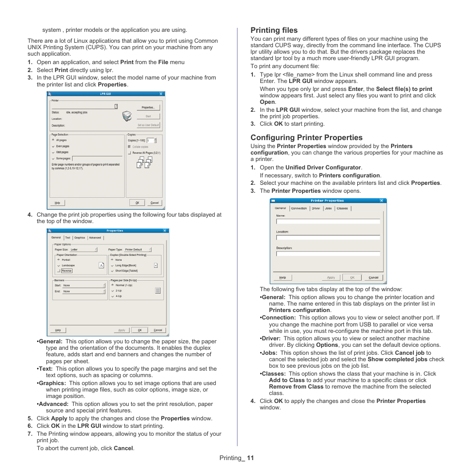 Printing files, Configuring printer properties | Samsung CLX-6220 User Manual | Page 61 / 155