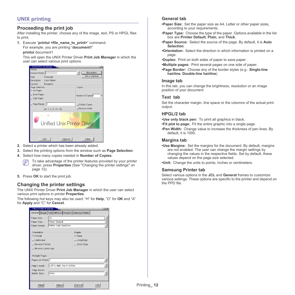Unix printing, Proceeding the print job, Changing the printer settings | Samsung CLX-6220 User Manual | Page 62 / 155