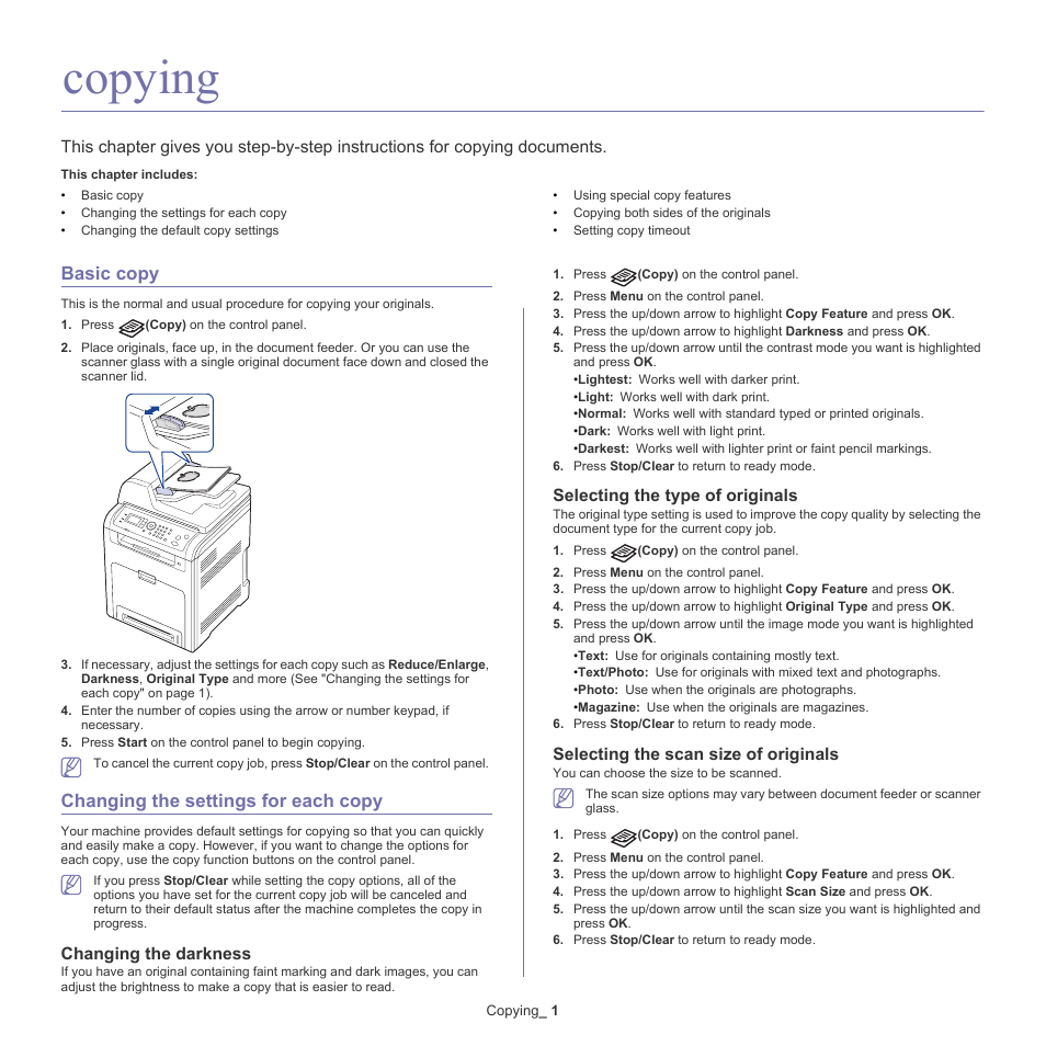 Copying, Basic copy, Changing the settings for each copy | Changing the darkness, Selecting the type of originals, Selecting the scan size of originals | Samsung CLX-6220 User Manual | Page 63 / 155