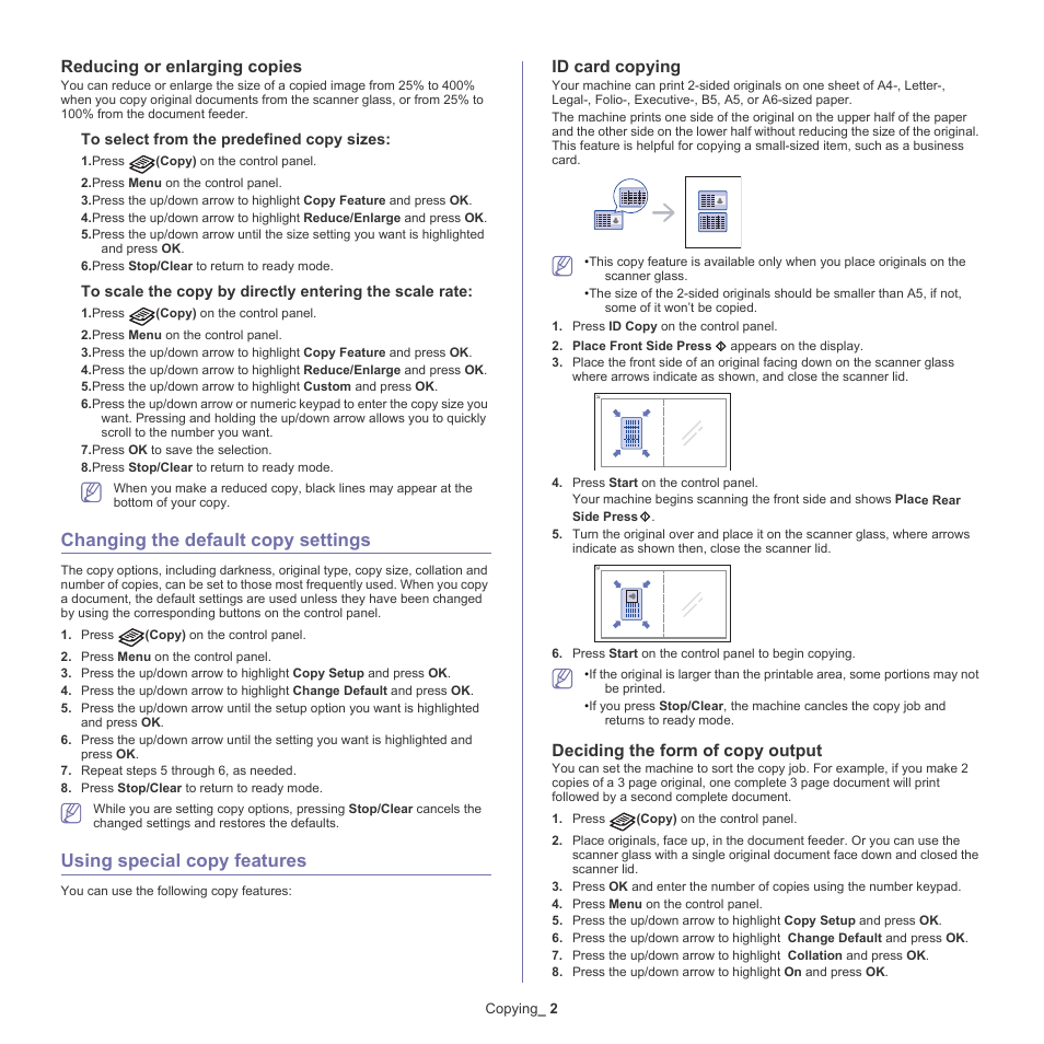 Changing the default copy settings, Using special copy features, Reducing or enlarging copies | Id card copying, Deciding the form of copy output | Samsung CLX-6220 User Manual | Page 64 / 155