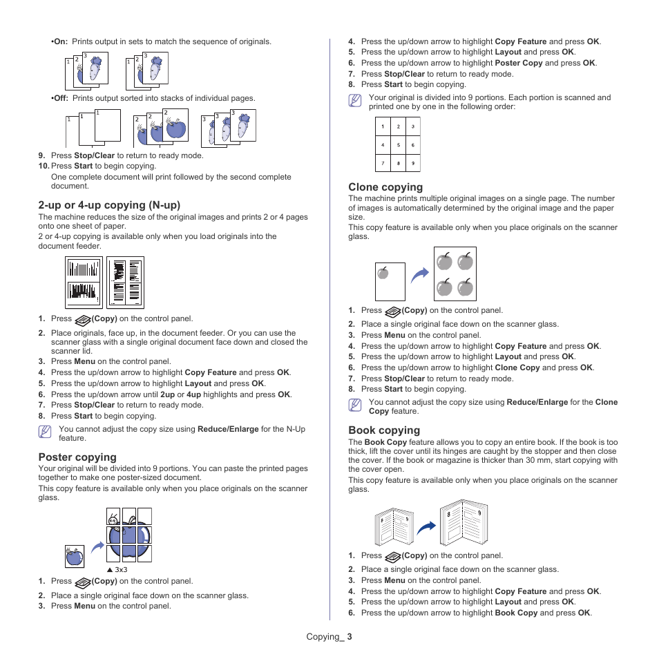 Up or 4-up, Up or 4-up copying (n-up), Poster copying | Clone copying, Book copying | Samsung CLX-6220 User Manual | Page 65 / 155
