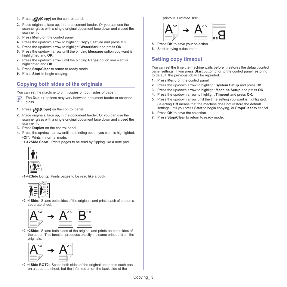 Copying both sides of the originals, Setting copy timeout | Samsung CLX-6220 User Manual | Page 67 / 155