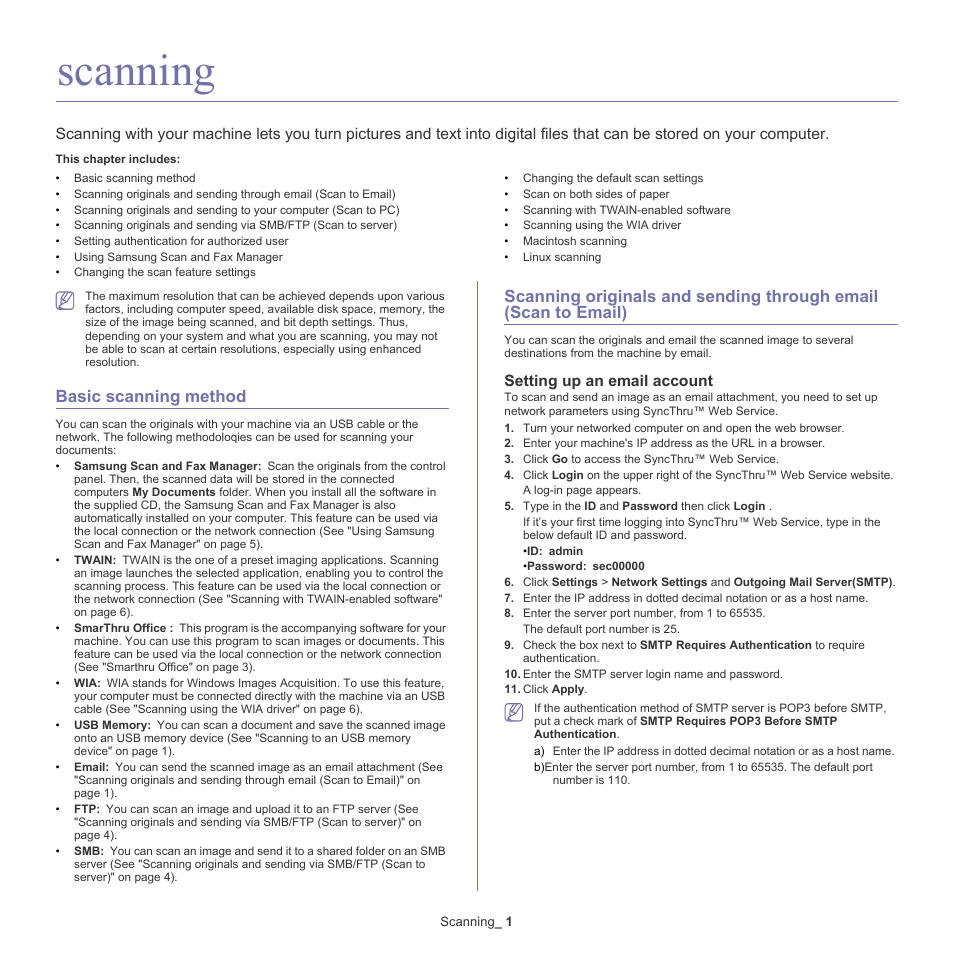 Scanning, Basic scanning method, Setting up an email account | Samsung CLX-6220 User Manual | Page 68 / 155