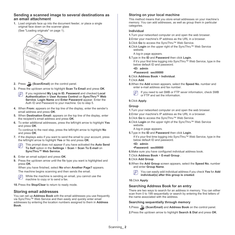 Sending a scanned image to, Storing email addresses | Samsung CLX-6220 User Manual | Page 69 / 155