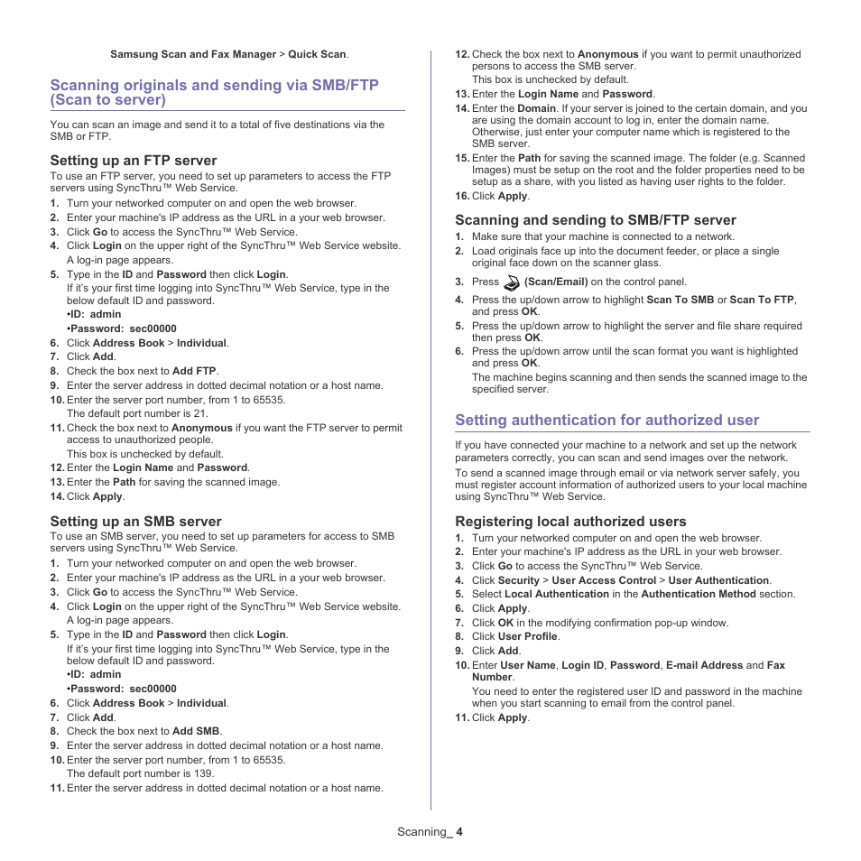 Setting authentication for authorized user, Setting up an ftp server, Setting up an smb server | Scanning and sending to smb/ftp server, Registering local authorized users | Samsung CLX-6220 User Manual | Page 71 / 155