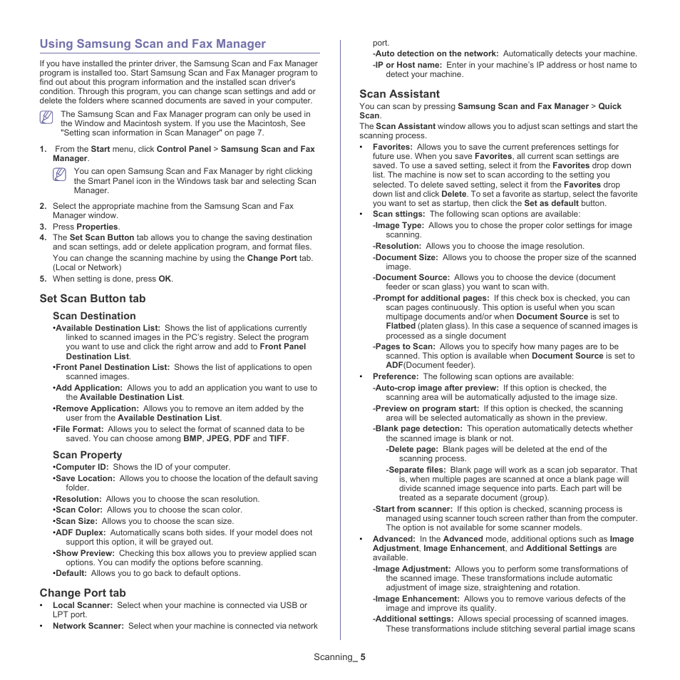 Using samsung scan and fax manager, Ection (see "using samsung, Set scan button tab | Change port tab, Scan assistant | Samsung CLX-6220 User Manual | Page 72 / 155