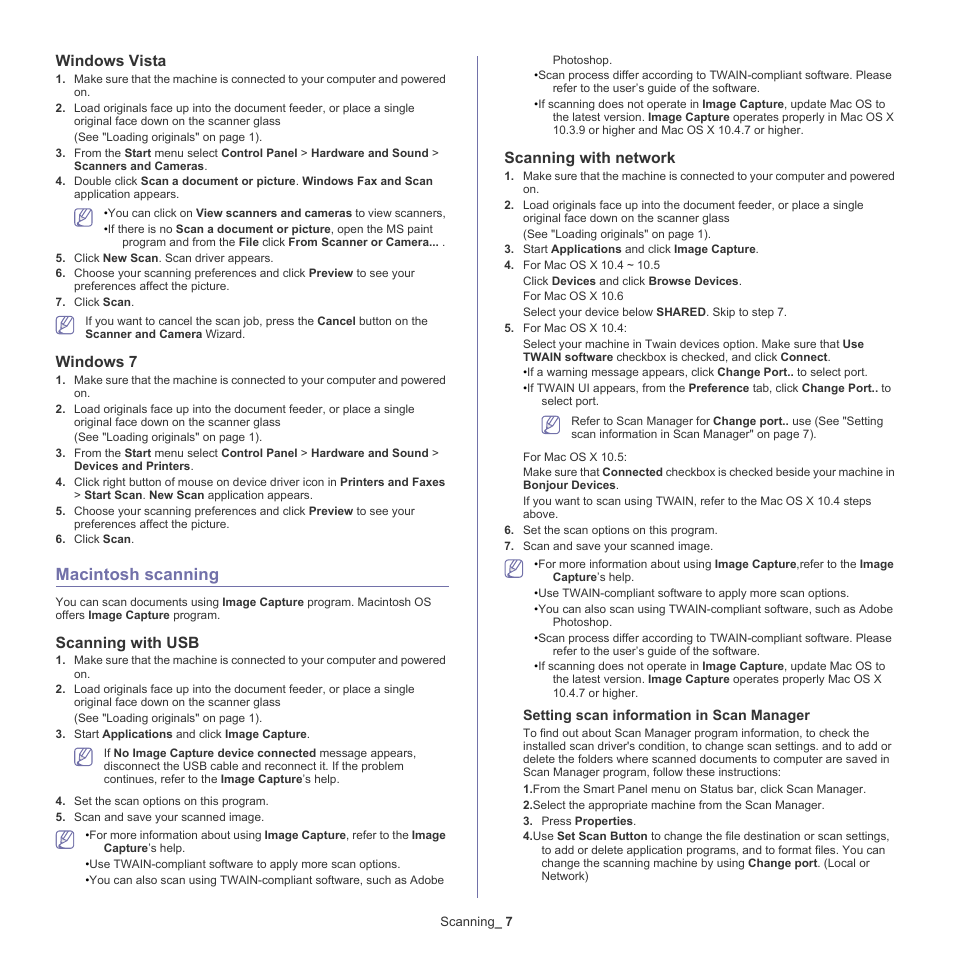 Macintosh scanning, Windows vista, Windows 7 | Scanning with usb, Scanning with network | Samsung CLX-6220 User Manual | Page 74 / 155