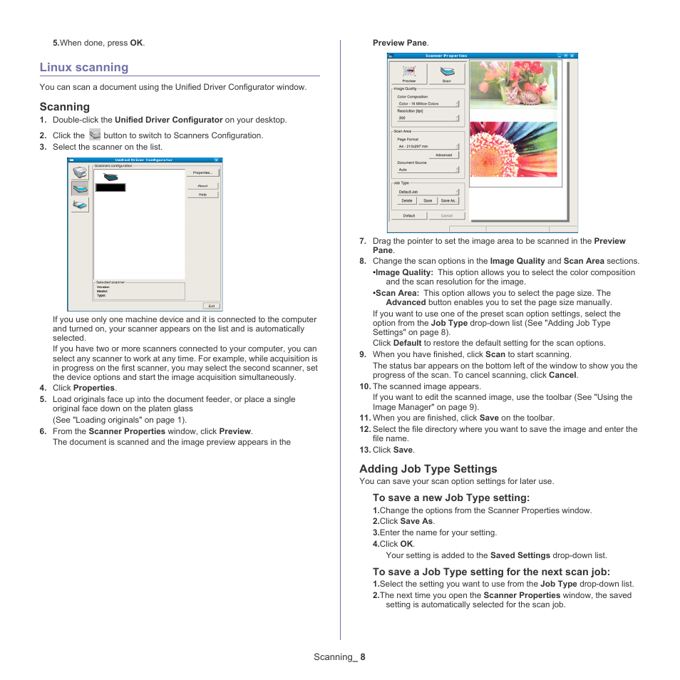 Linux scanning, Scanning, Adding job type settings | Samsung CLX-6220 User Manual | Page 75 / 155