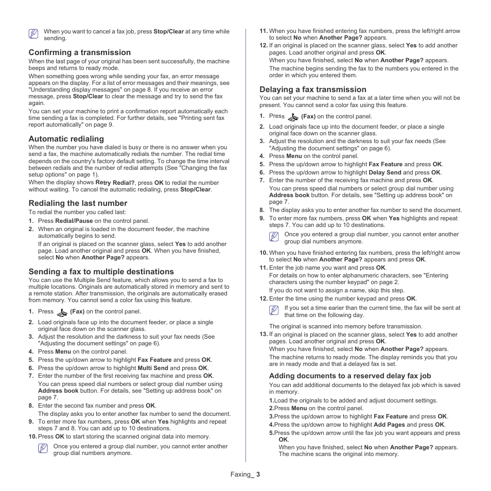 Confirming a transmission, Automatic redialing, Redialing the last number | Sending a fax to multiple destinations, Delaying a fax transmission | Samsung CLX-6220 User Manual | Page 79 / 155