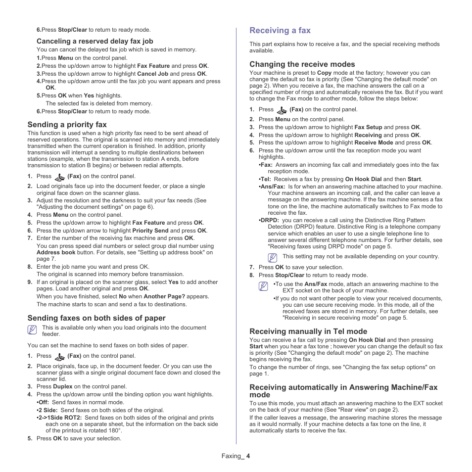 Receiving a fax, Sending a priority fax, Sending faxes on both sides of paper | Changing the receive modes, Receiving manually in tel mode | Samsung CLX-6220 User Manual | Page 80 / 155