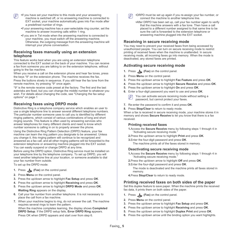 Receiving faxes using drpd mode, Receiving in secure receiving mode, Activating secure receiving mode | Printing received faxes on both sides of the paper | Samsung CLX-6220 User Manual | Page 81 / 155