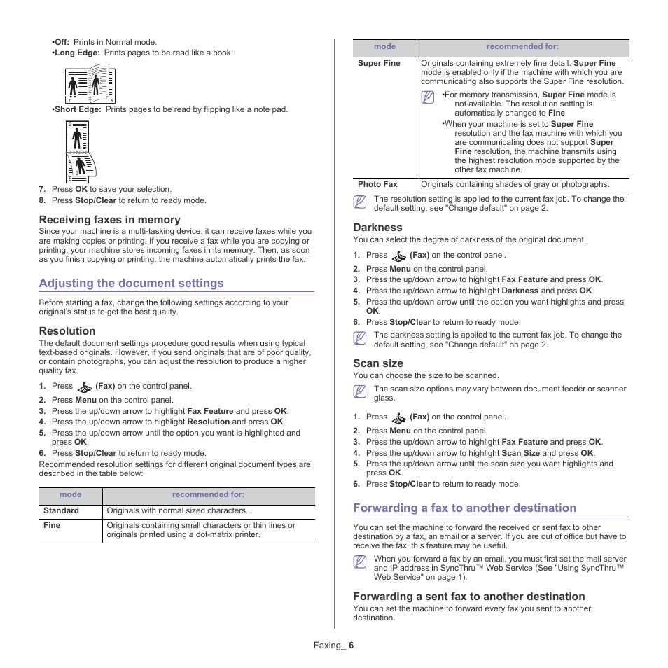 Adjusting the document settings, Forwarding a fax to another destination, Resolution | Darkness, Scan size, Forwarding a sent fax to another destination | Samsung CLX-6220 User Manual | Page 82 / 155