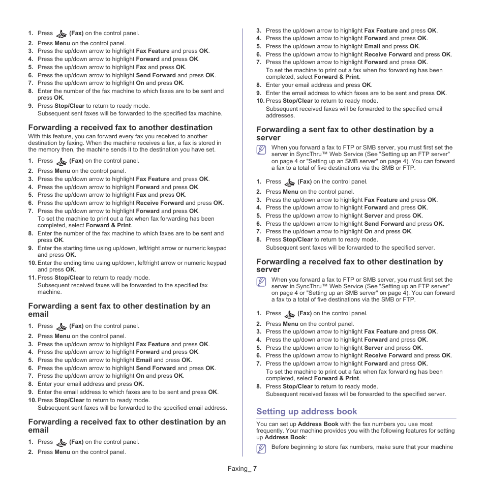 Setting up address book, Setting up address, Setting up address book" on | Forwarding a received fax to another destination | Samsung CLX-6220 User Manual | Page 83 / 155