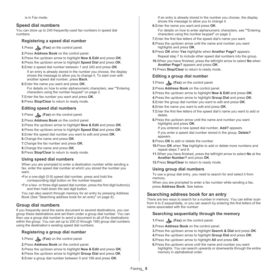 Speed dial numbers, Group dial numbers, Searching address book for an entry | Samsung CLX-6220 User Manual | Page 84 / 155