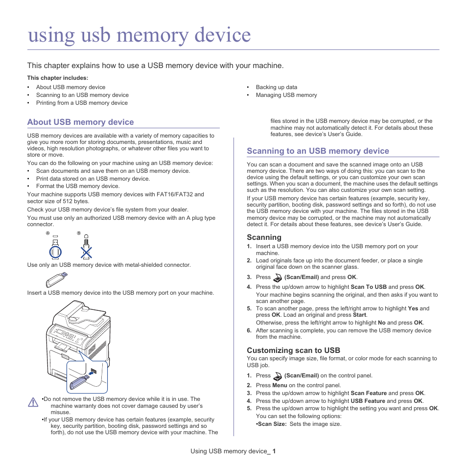 Using usb memory device, About usb memory device, Scanning to an usb memory device | Vice (see "scanning to an usb memory, Scanning, Customizing scan to usb | Samsung CLX-6220 User Manual | Page 86 / 155