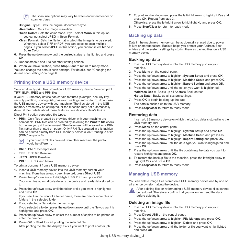 Printing from a usb memory device, Backing up data, Managing usb memory | Restoring data, Deleting an image file | Samsung CLX-6220 User Manual | Page 87 / 155