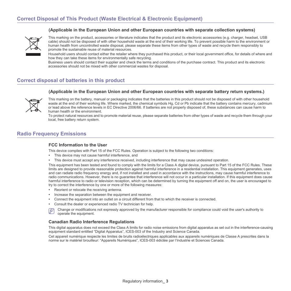 Correct disposal of batteries in this product, Radio frequency emissions | Samsung CLX-6220 User Manual | Page 9 / 155