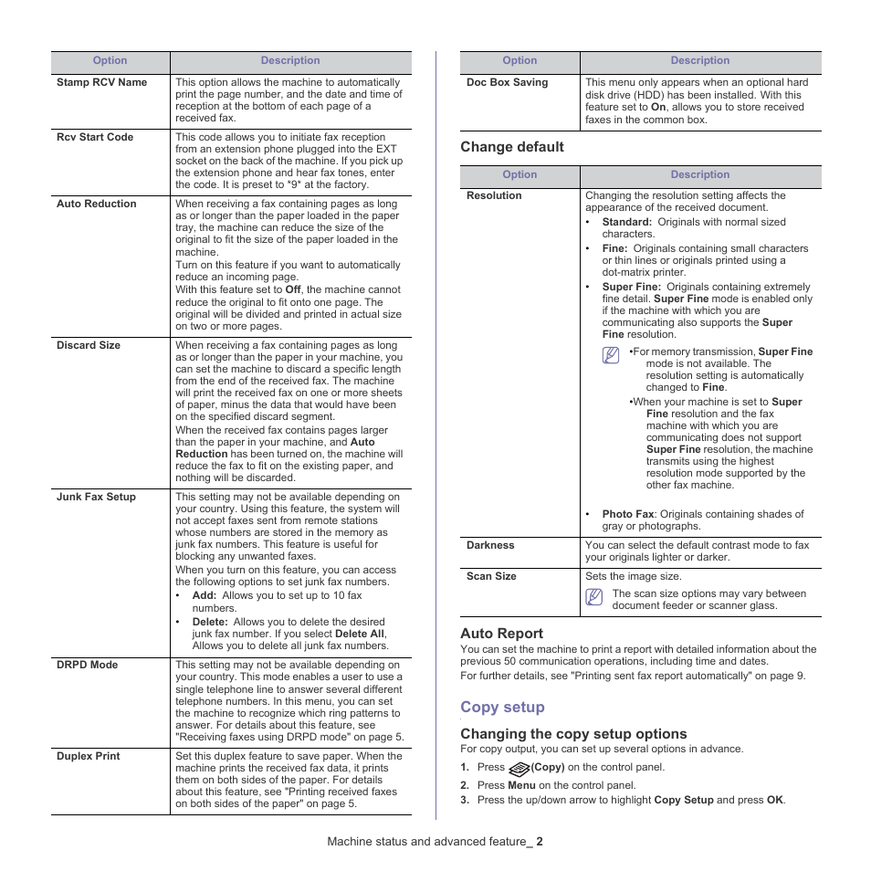 Copy setup, Change default, Auto report | Changing the copy setup options | Samsung CLX-6220 User Manual | Page 90 / 155