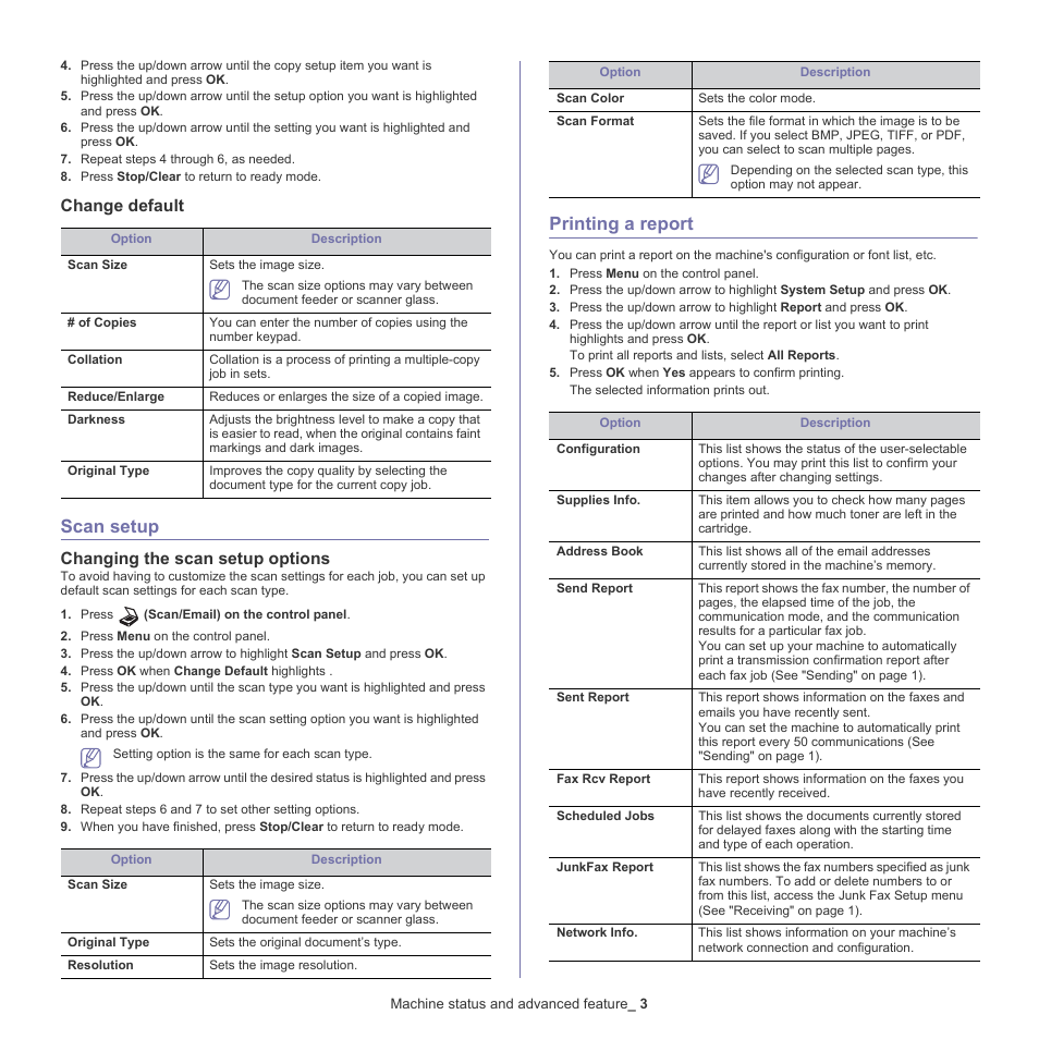 Scan setup, Printing a report, Change default | Changing the scan setup options | Samsung CLX-6220 User Manual | Page 91 / 155