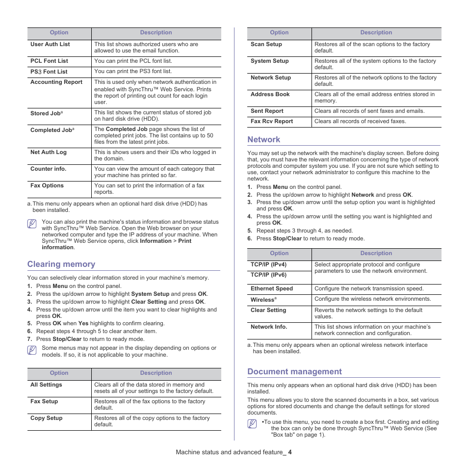 Clearing memory, Network, Document management | Samsung CLX-6220 User Manual | Page 92 / 155
