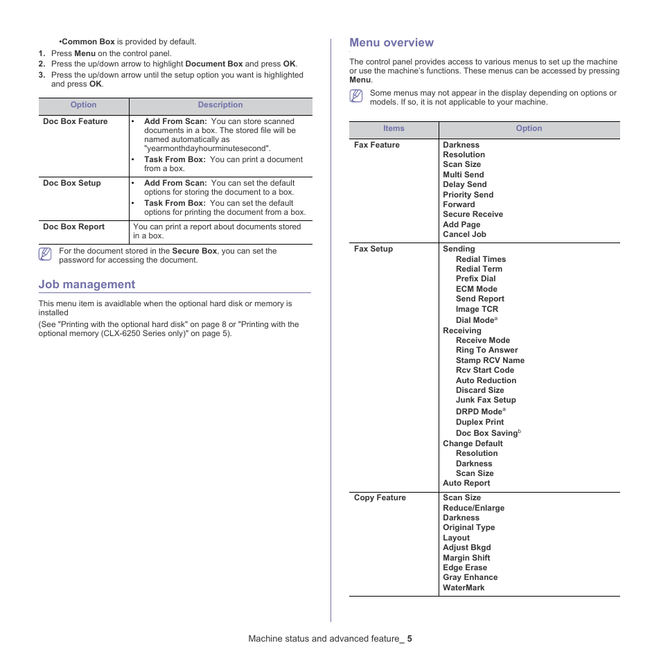 Job management, Menu overview | Samsung CLX-6220 User Manual | Page 93 / 155