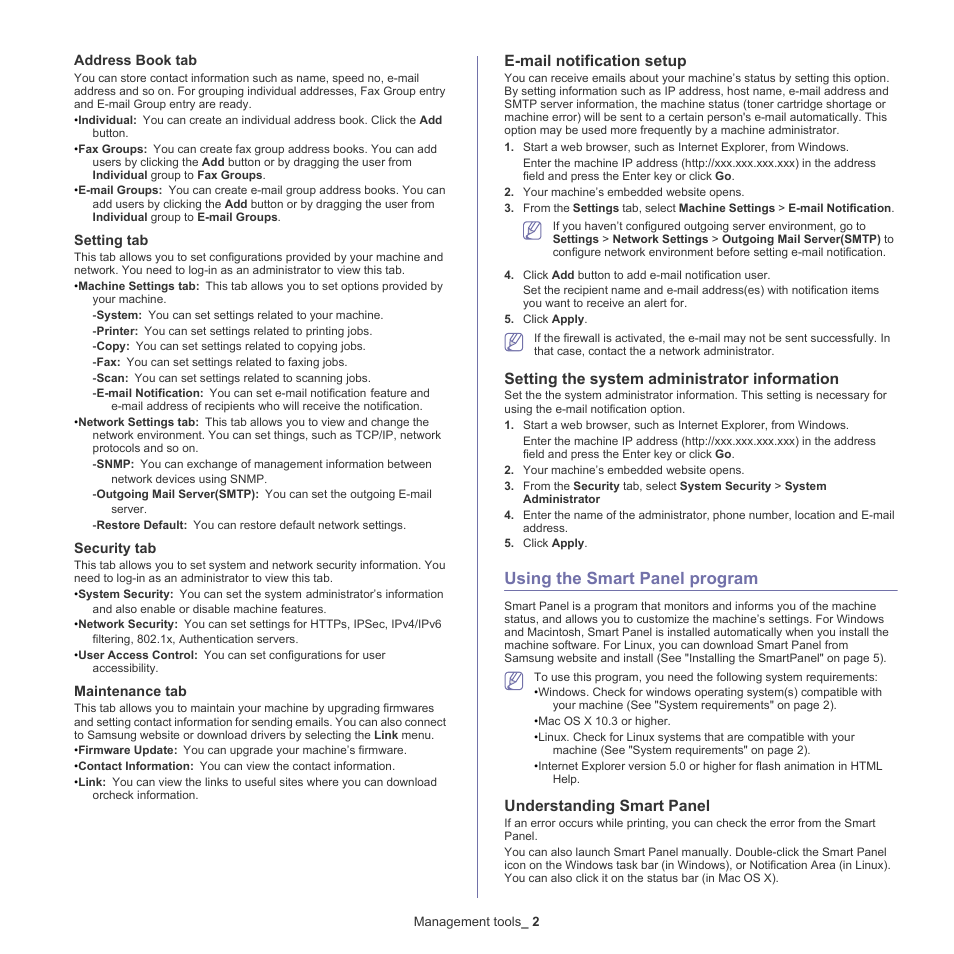 Using the smart panel program, E-mail notification setup, Setting the system administrator information | Understanding smart panel | Samsung CLX-6220 User Manual | Page 97 / 155