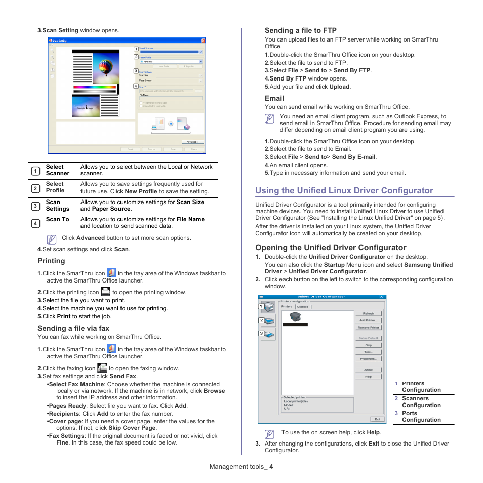 Using the unified linux driver configurator, Opening the unified driver configurator, Printing | Sending a file via fax, Sending a file to ftp, Email | Samsung CLX-6220 User Manual | Page 99 / 155