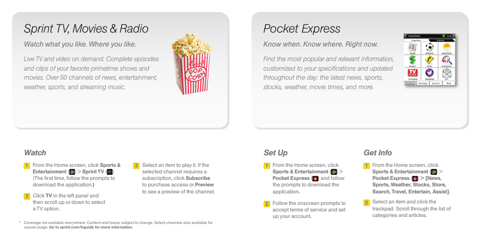 Sprint tv, movies & radio, Pocket express, Watch | Set up get info | Samsung CURVE 8530 User Manual | Page 4 / 5