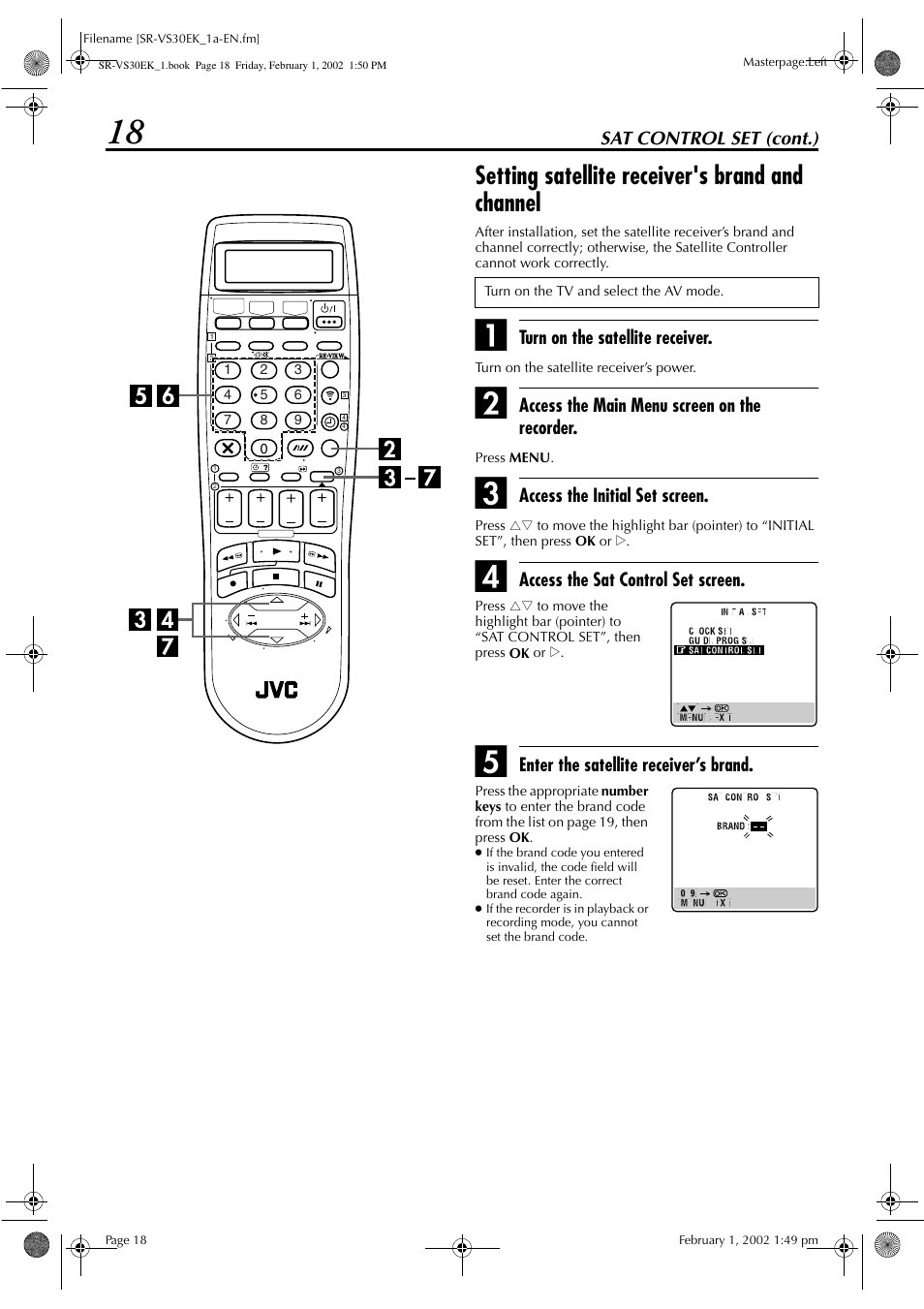 Setting satellite receiver's brand and channel | JVC SR-VS30E User Manual | Page 18 / 92