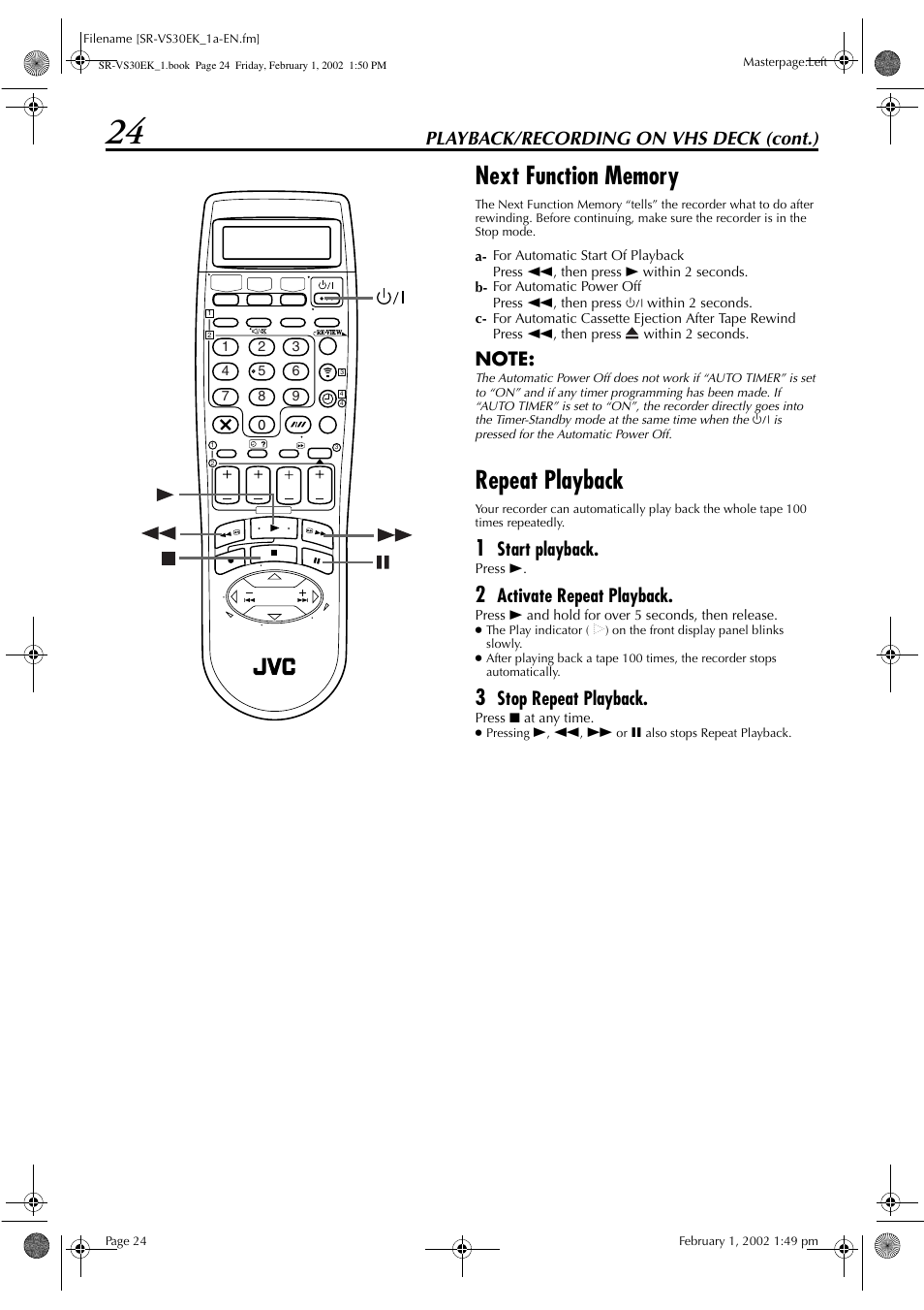 Repeat playback, Playback/recording on vhs deck (cont.), Start playback | Activate repeat playback, Stop repeat playback | JVC SR-VS30E User Manual | Page 24 / 92