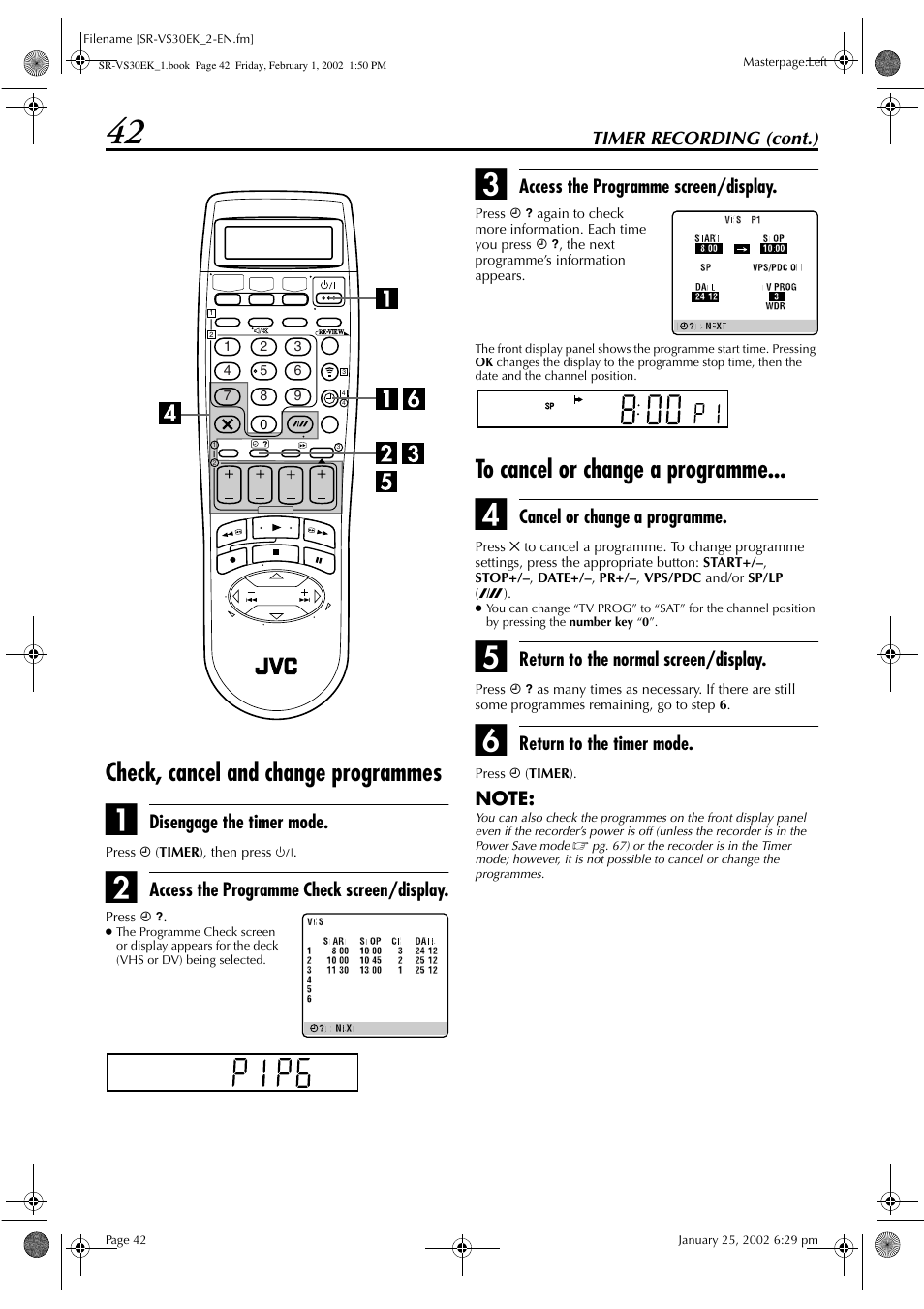 Check, cancel and change programmes | JVC SR-VS30E User Manual | Page 42 / 92