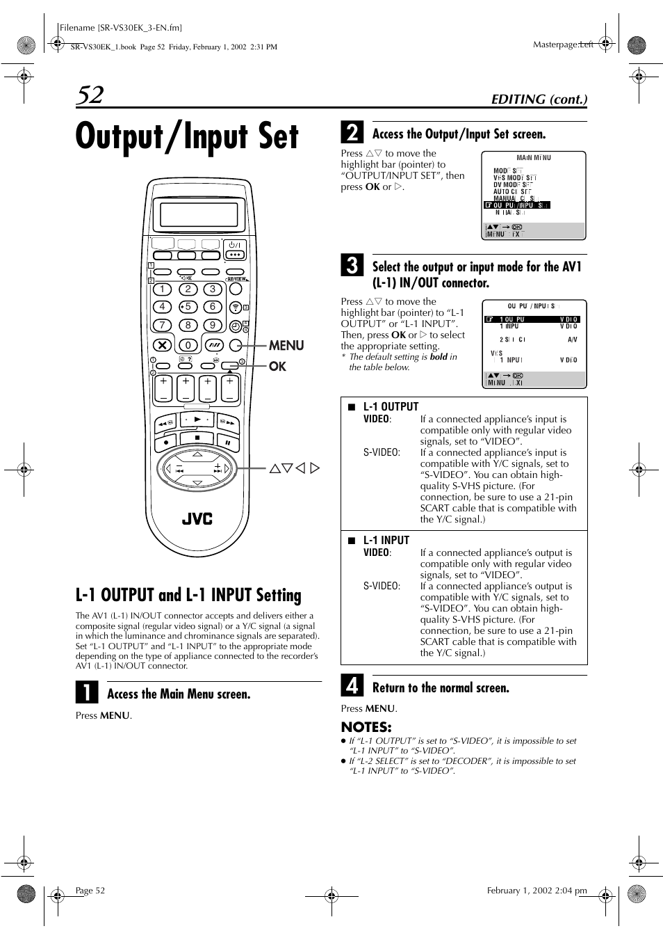 Output/input set, L-1 output and l-1 input setting | JVC SR-VS30E User Manual | Page 52 / 92