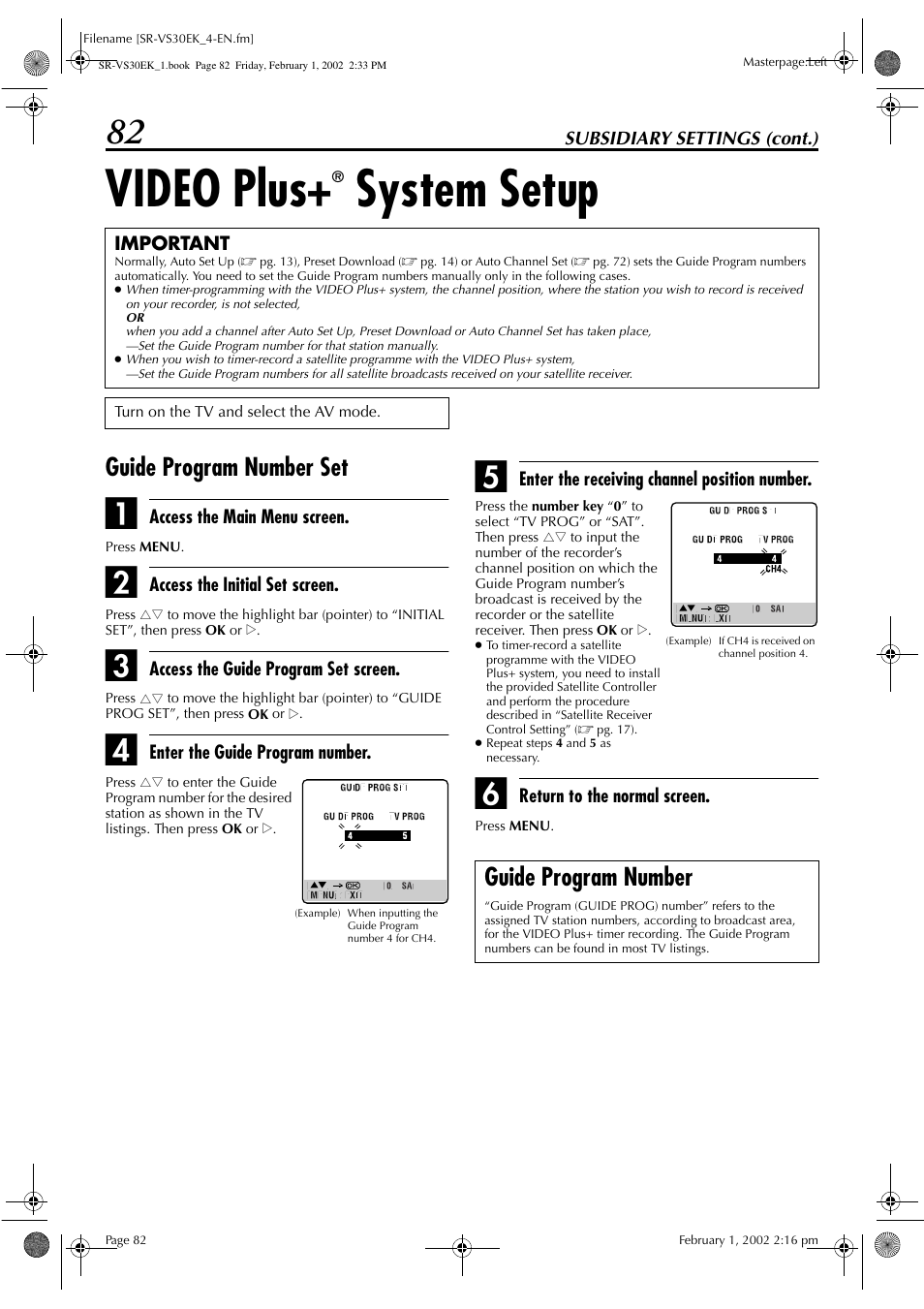 Video plus, System setup, Guide program number set | Guide program number | JVC SR-VS30E User Manual | Page 82 / 92