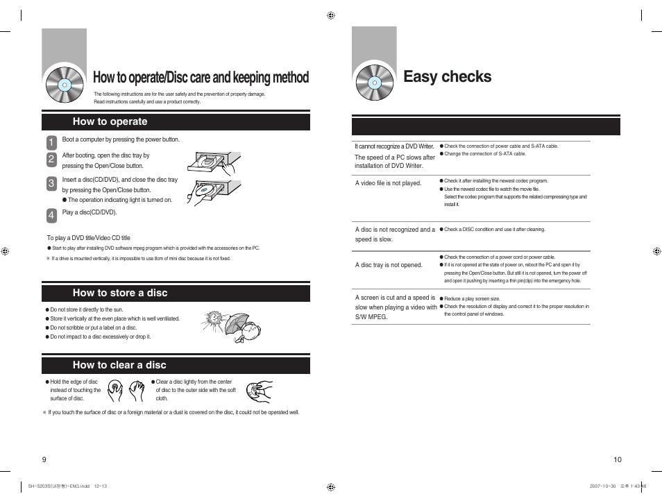 How to operate/disc care and keeping method, Easy checks | Samsung TrueDirect BG68-01525A User Manual | Page 7 / 16