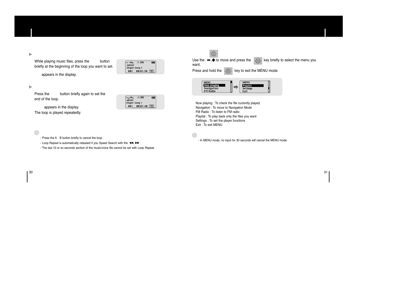 Basic usage, Loop repeating, Setting up menu press | Setting up menu | Samsung yepp' YP-53X User Manual | Page 16 / 24