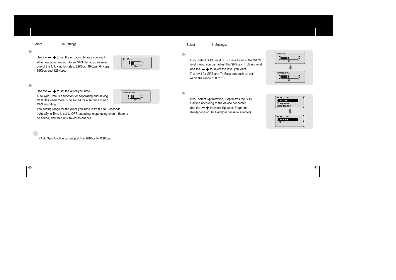 Rec settings, Wow level, Default volume | Wow level rec settings | Samsung yepp' YP-53X User Manual | Page 21 / 24