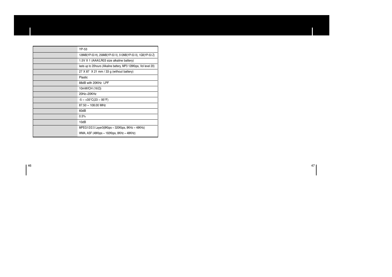 Specifications | Samsung yepp' YP-53X User Manual | Page 24 / 24